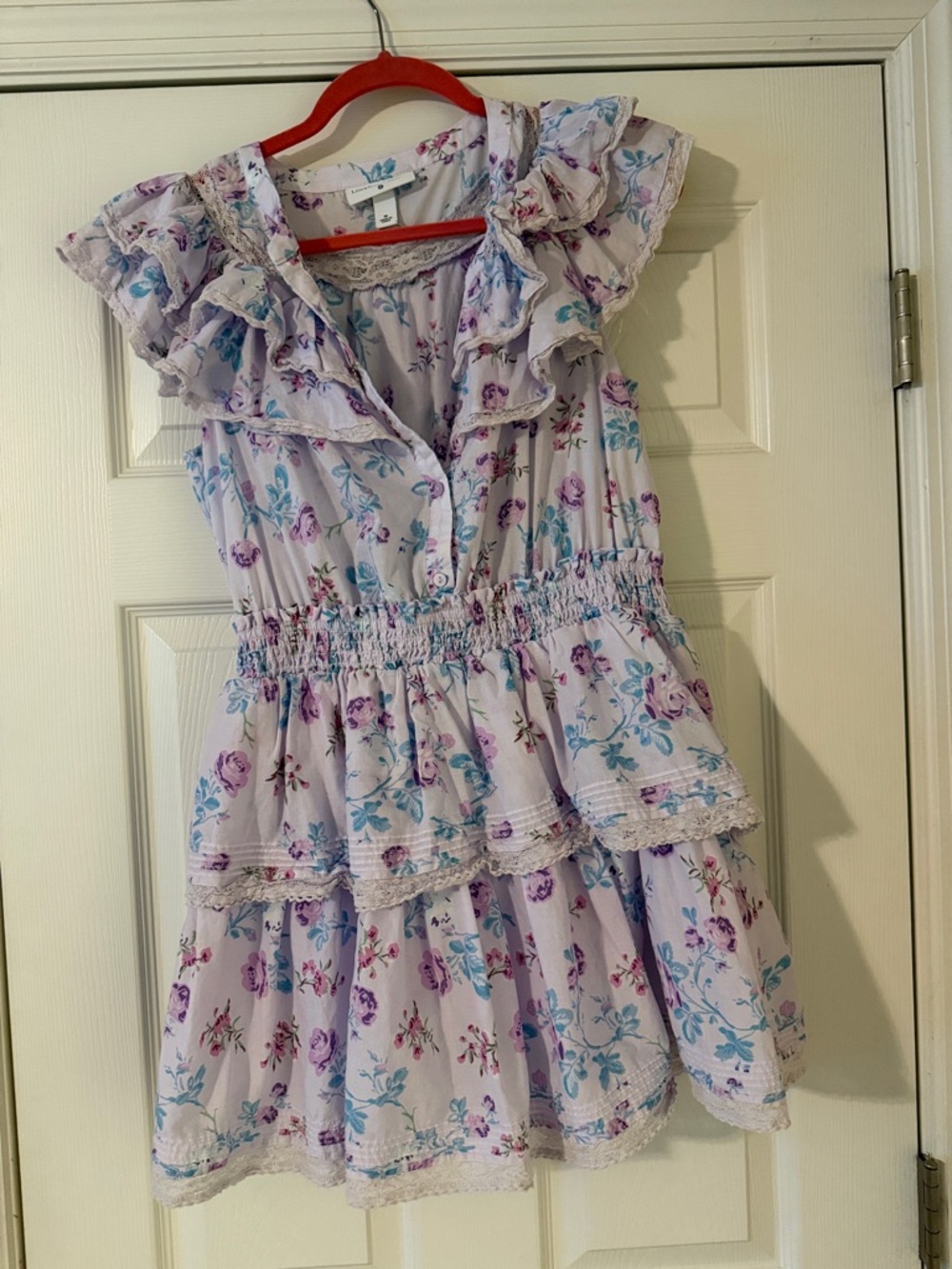 LoveShackFancy Lavender Floral Ruffle Mini Dress with Blue and Purple Accents